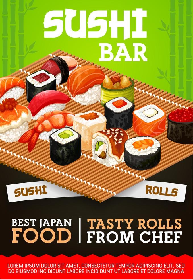 barra de sushi japonés sashimi y menú de maki rolls vector