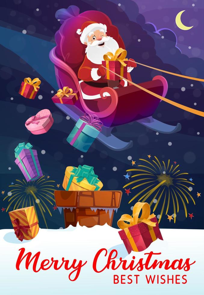 Christmas and Santa Claus in sleigh, gift boxes vector