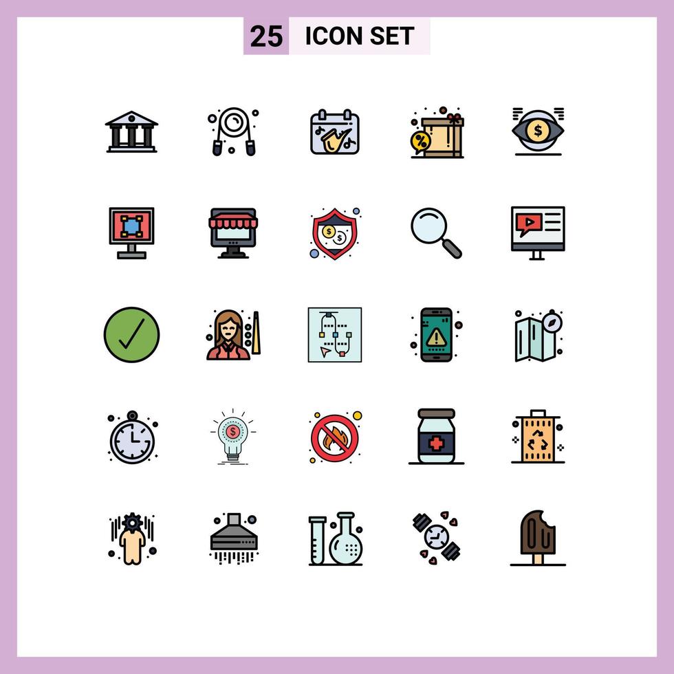 25 Universal Filled line Flat Color Signs Symbols of money eye music shopping discount Editable Vector Design Elements