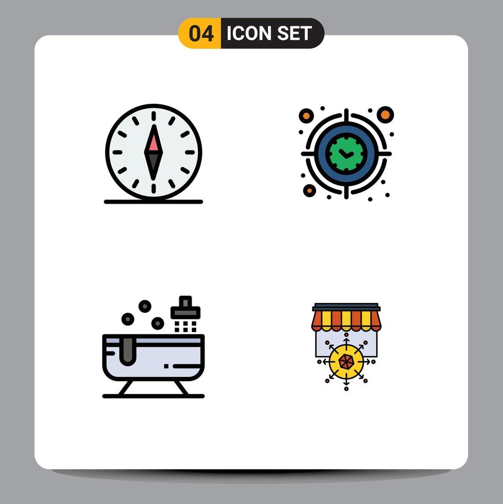 Set of 4 Modern UI Icons Symbols Signs for gps timer navigation focus bathtub Editable Vector Design Elements