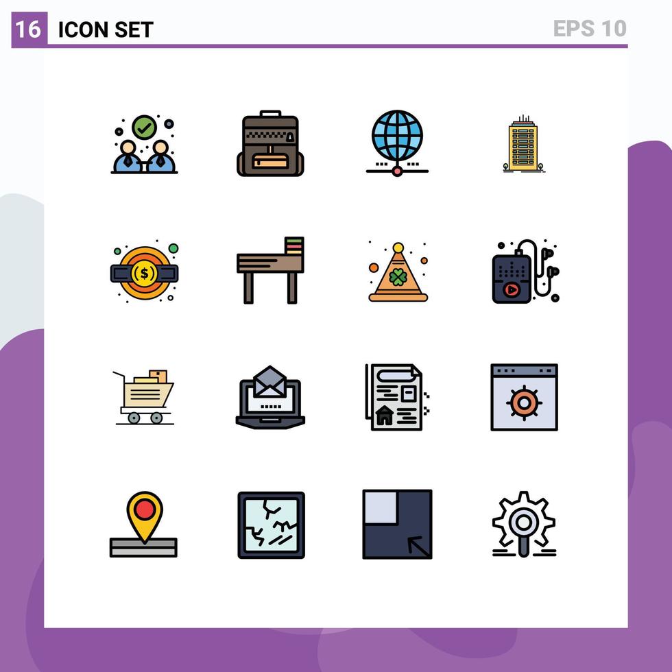 paquete de 16 líneas llenas de colores planos modernos, signos y símbolos para medios de impresión web, como equipo de impuestos en todo el mundo, oficina de torre, elementos de diseño de vectores creativos editables