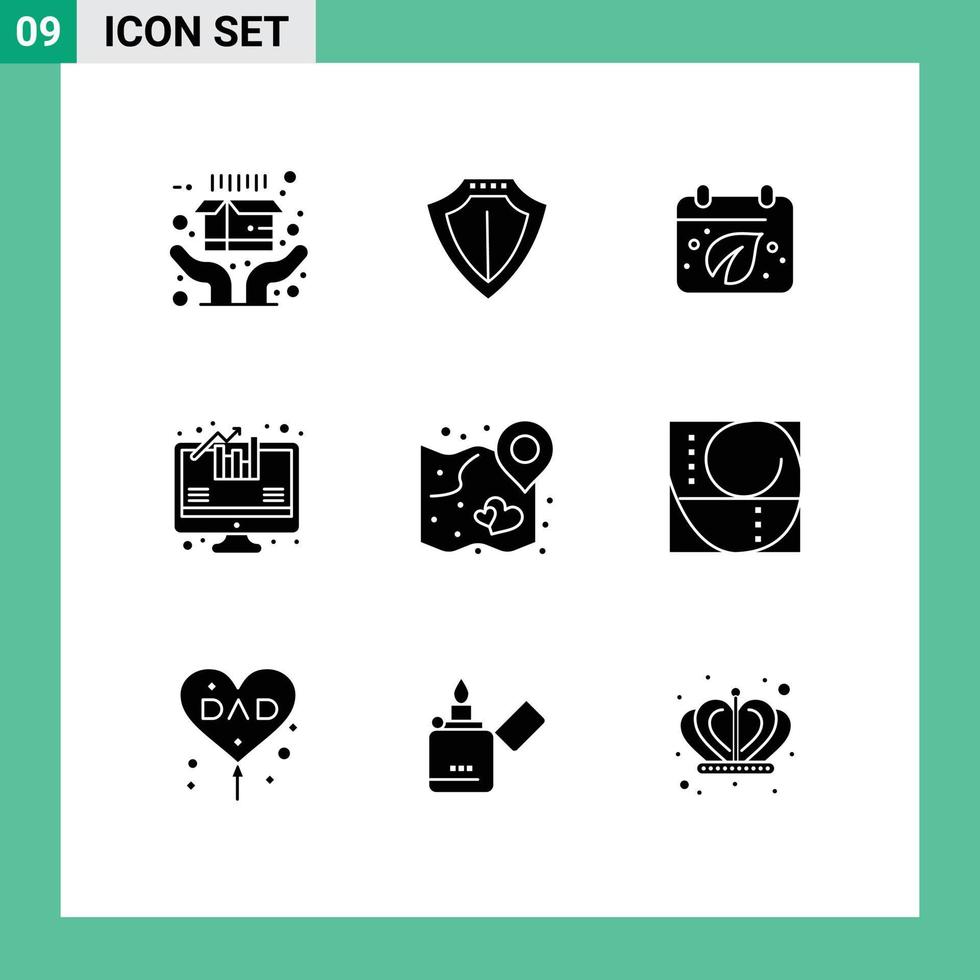 Group of 9 Modern Solid Glyphs Set for strategy love day heart analytics Editable Vector Design Elements