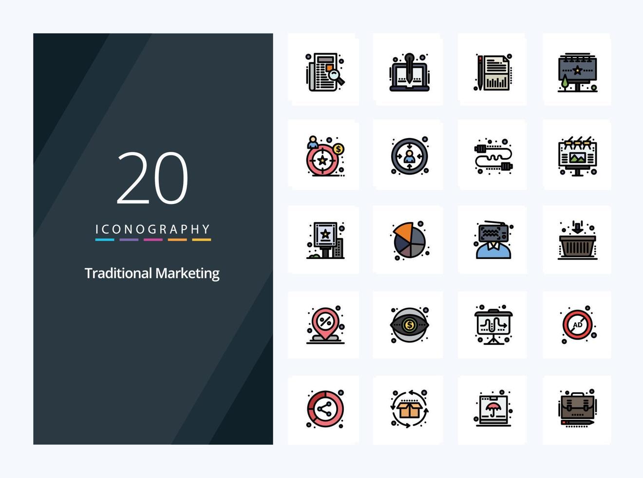 20 Traditional Marketing line Filled icon for presentation vector