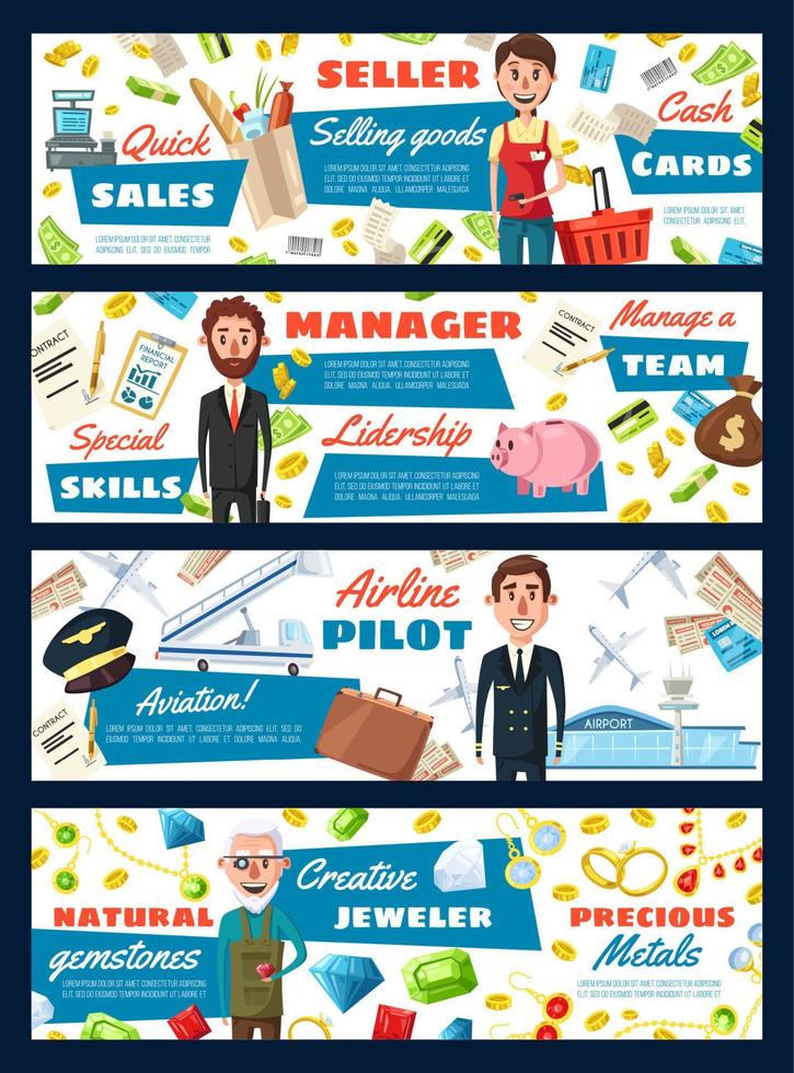 Pilot and manager, jeweler and seller vector