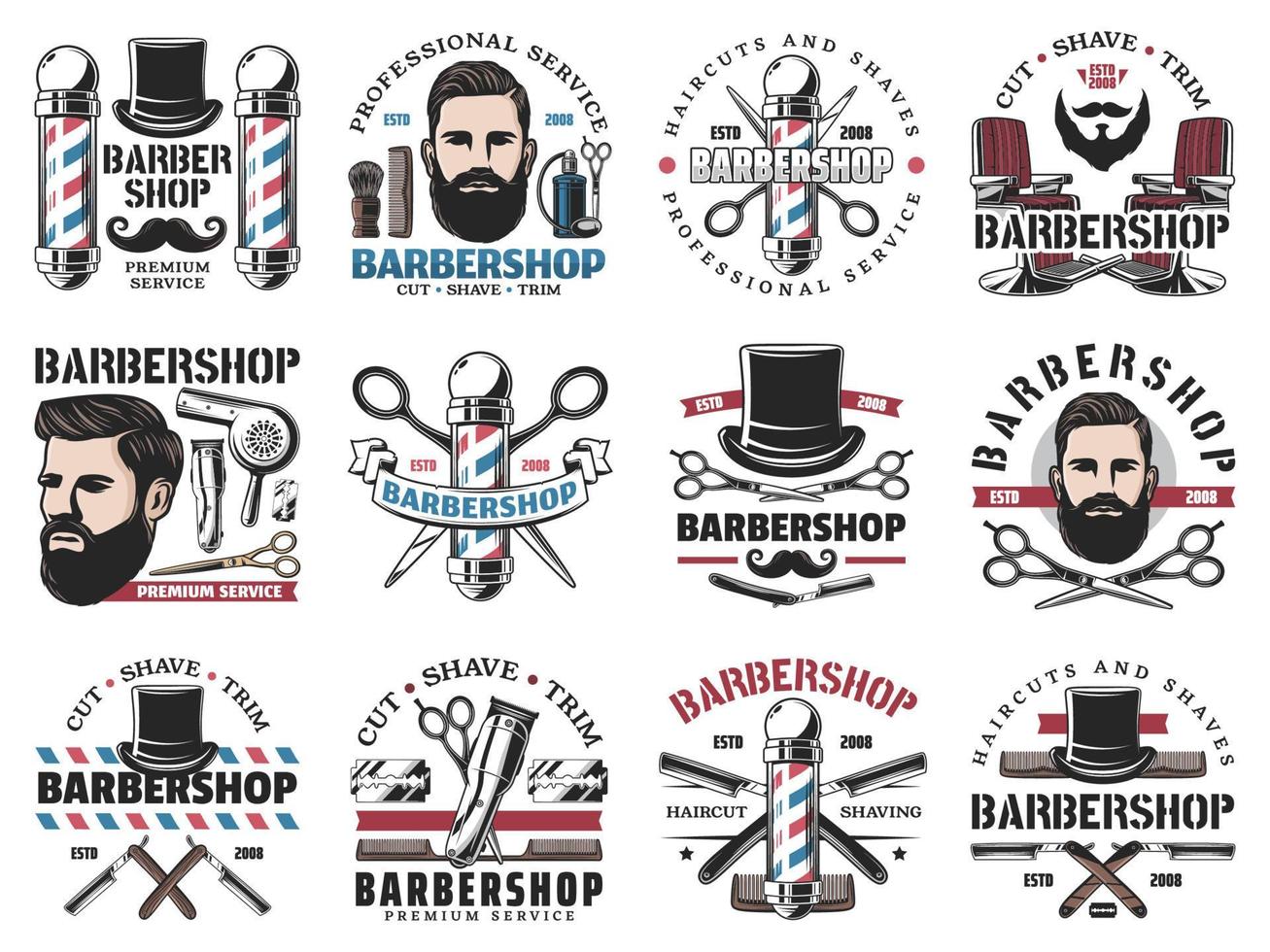 Barbershop icons, beard shaving and haircut salon vector