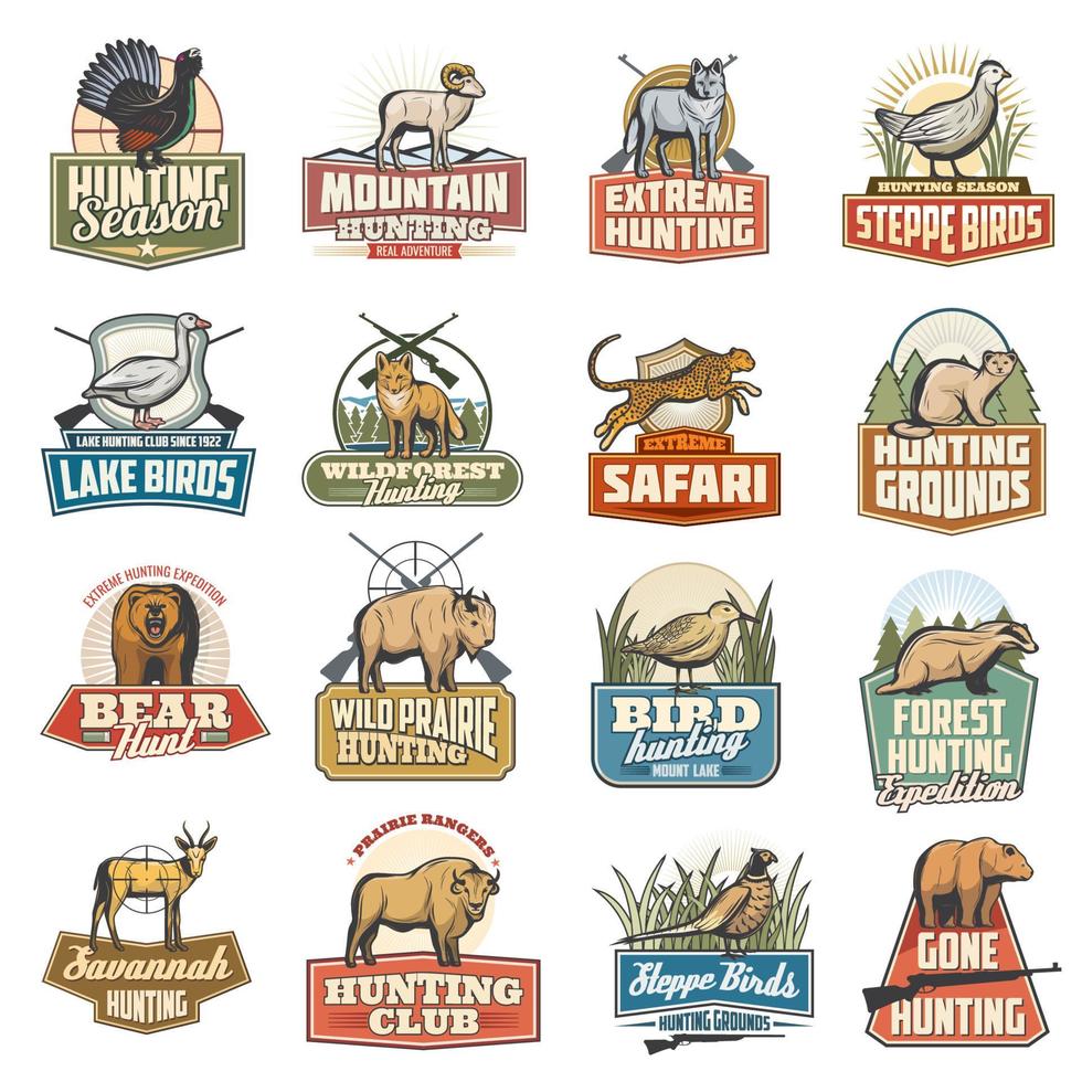 Wild animals and birds, hunting sport icons vector