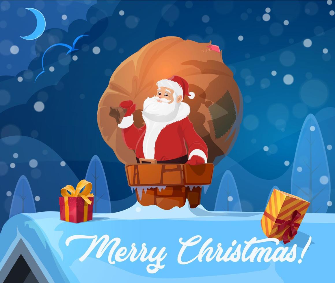 Christmas, Santa Claus on roof, Xmas gifts vector