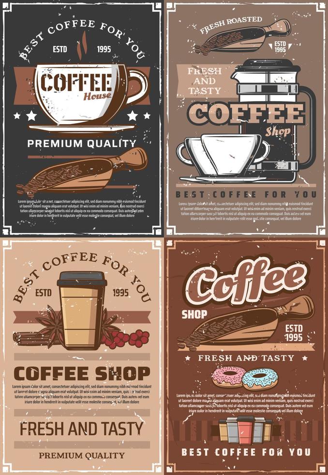 Steaming coffe cups, beans and berries, donuts vector