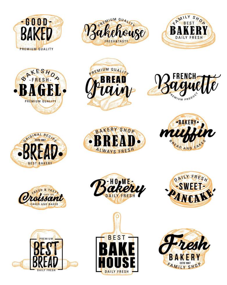 productos de panadería con letras de pastelería vector