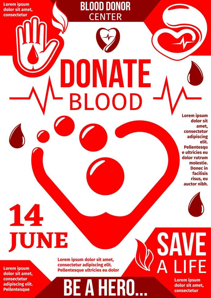 Blood Donor center banner with red drop and heart vector