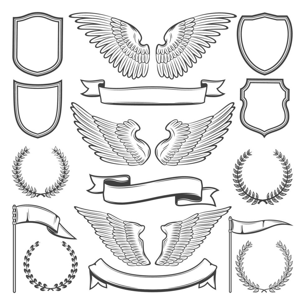 Heraldic wings, shields and ribbons, vector