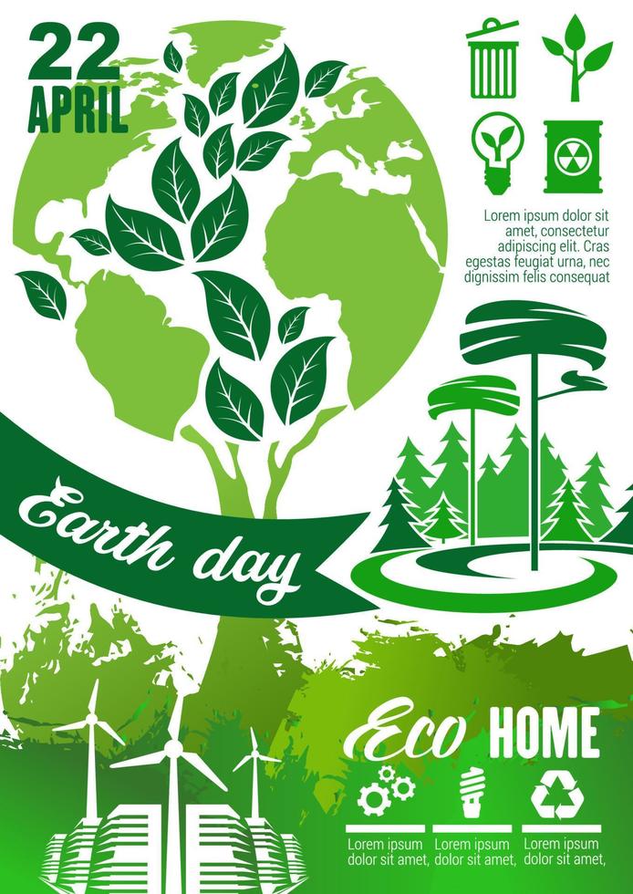 Earth Day holiday poster with green planet, tree vector
