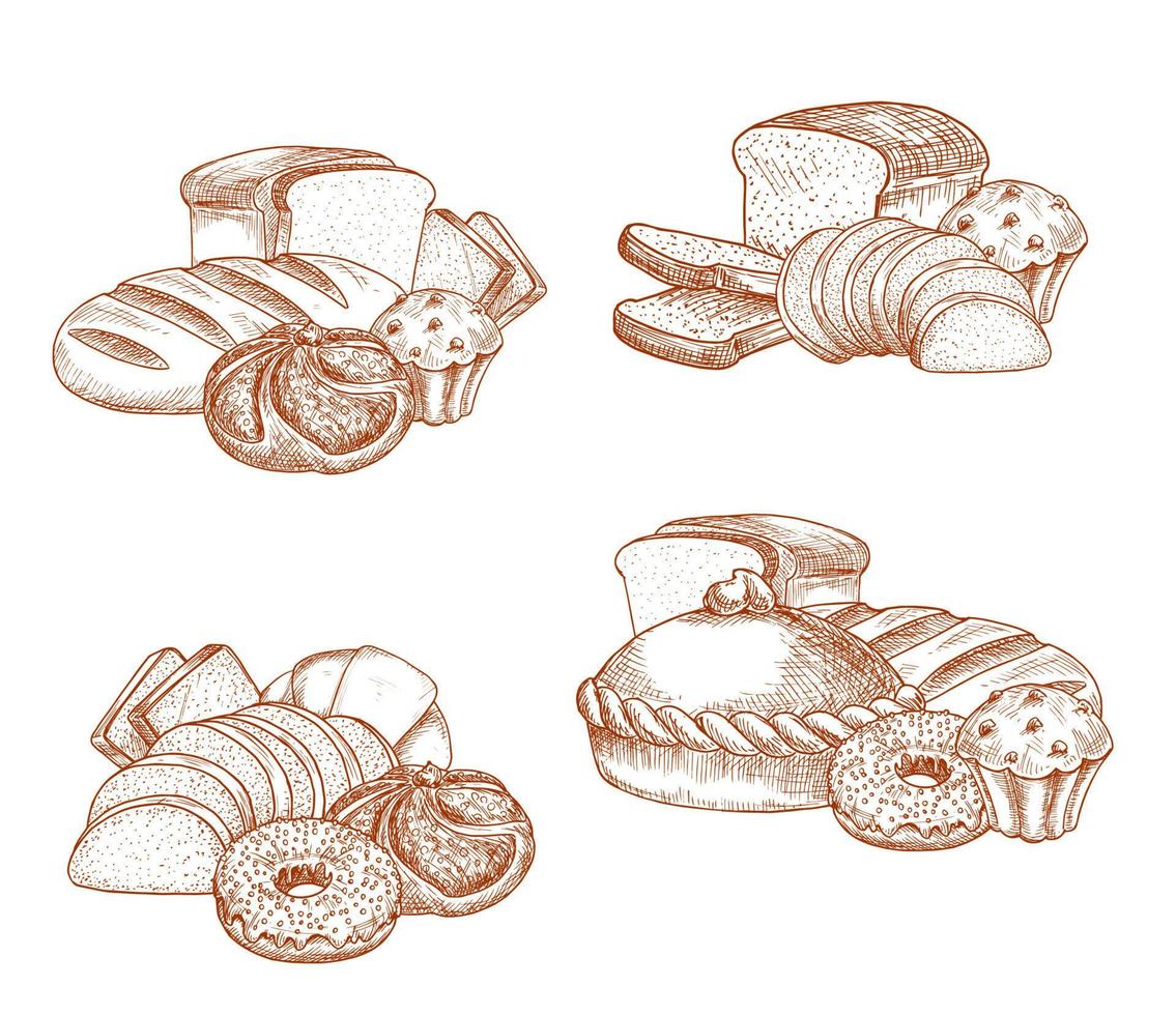Bread and bakery or pastry vector sketch