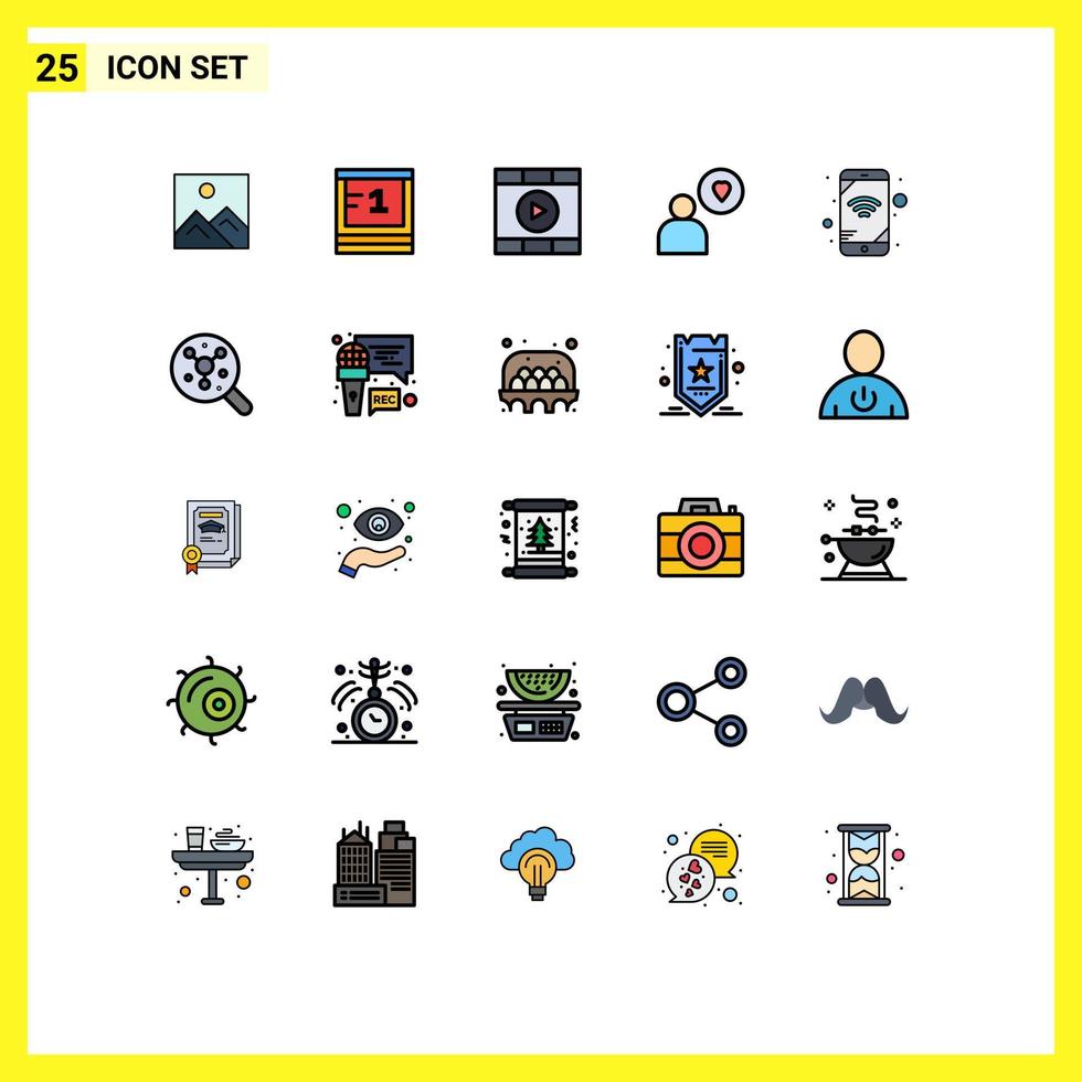 Pack of 25 creative Filled line Flat Colors of wifi mobile control heart man Editable Vector Design Elements