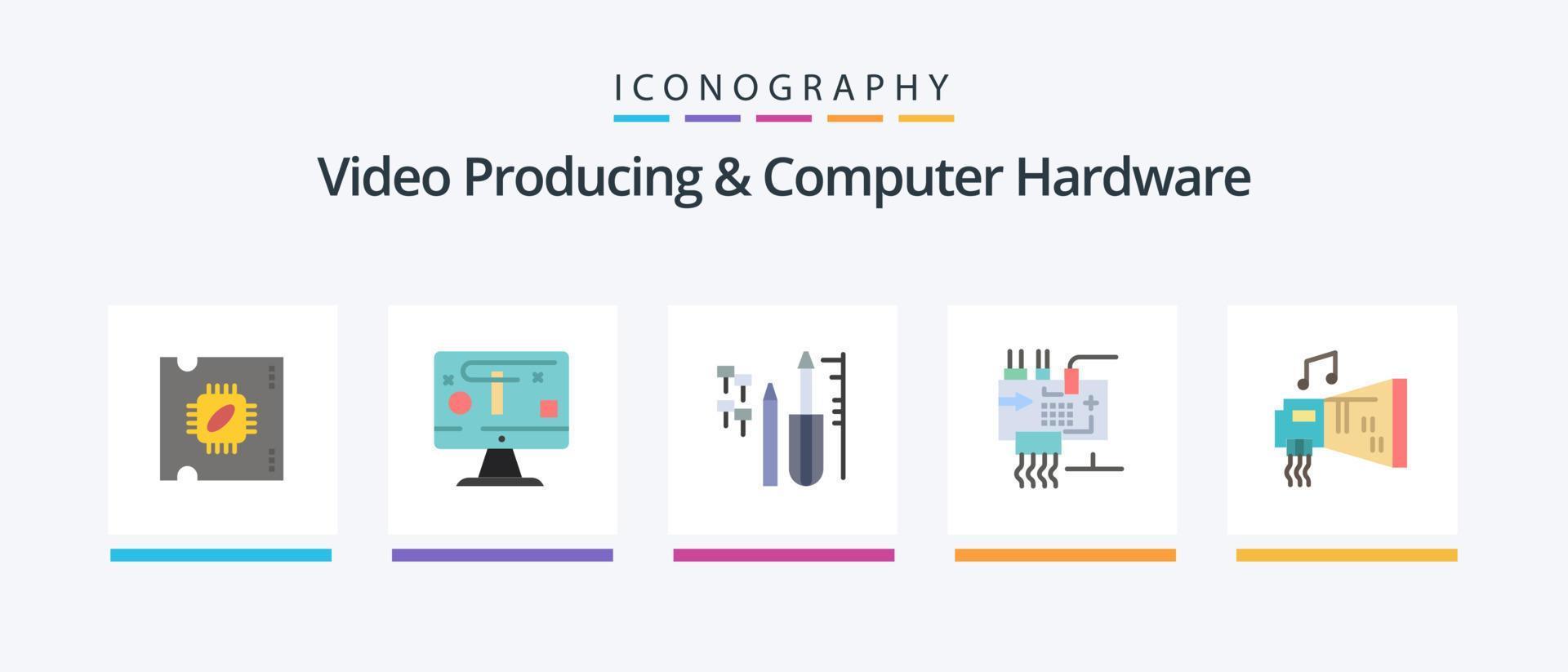 producción de video y paquete de íconos planos de hardware de computadora 5 que incluye audio. ingeniería. reparar electrónica. armar. diseño de iconos creativos vector