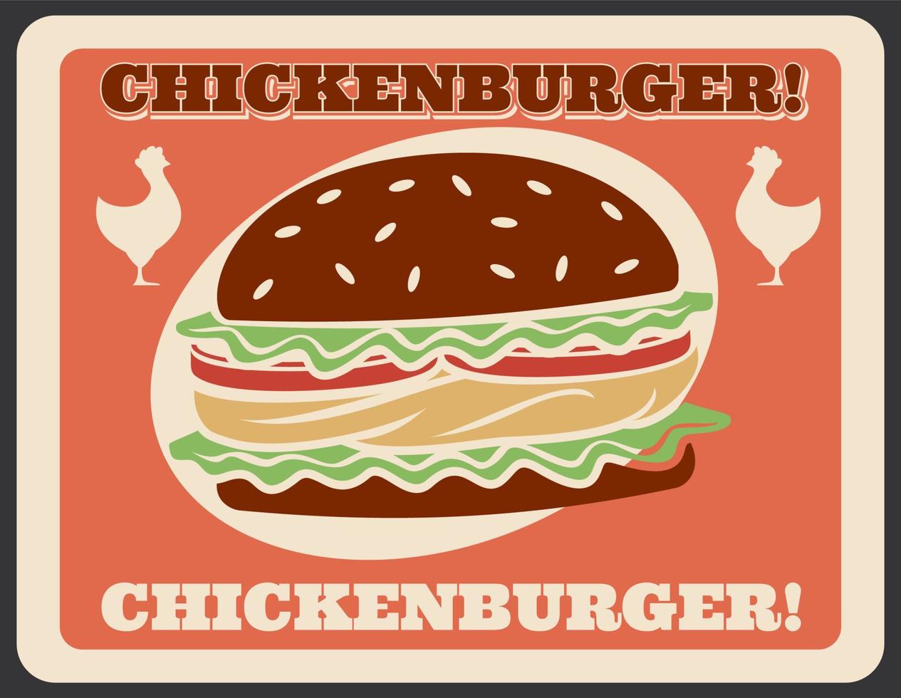 cartel retro de vector de comida rápida de hamburguesa de pollo