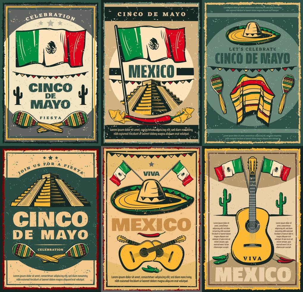 diseño de cartel retro cinco de mayo y viva mexico vector