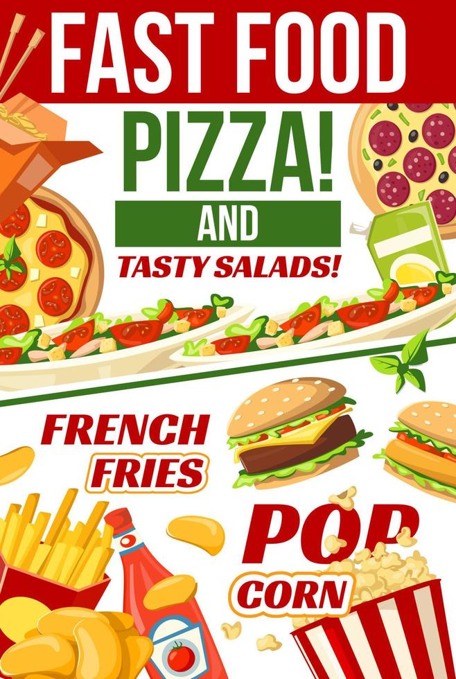 Fast food pizza, popcorn and fries snacks menu vector