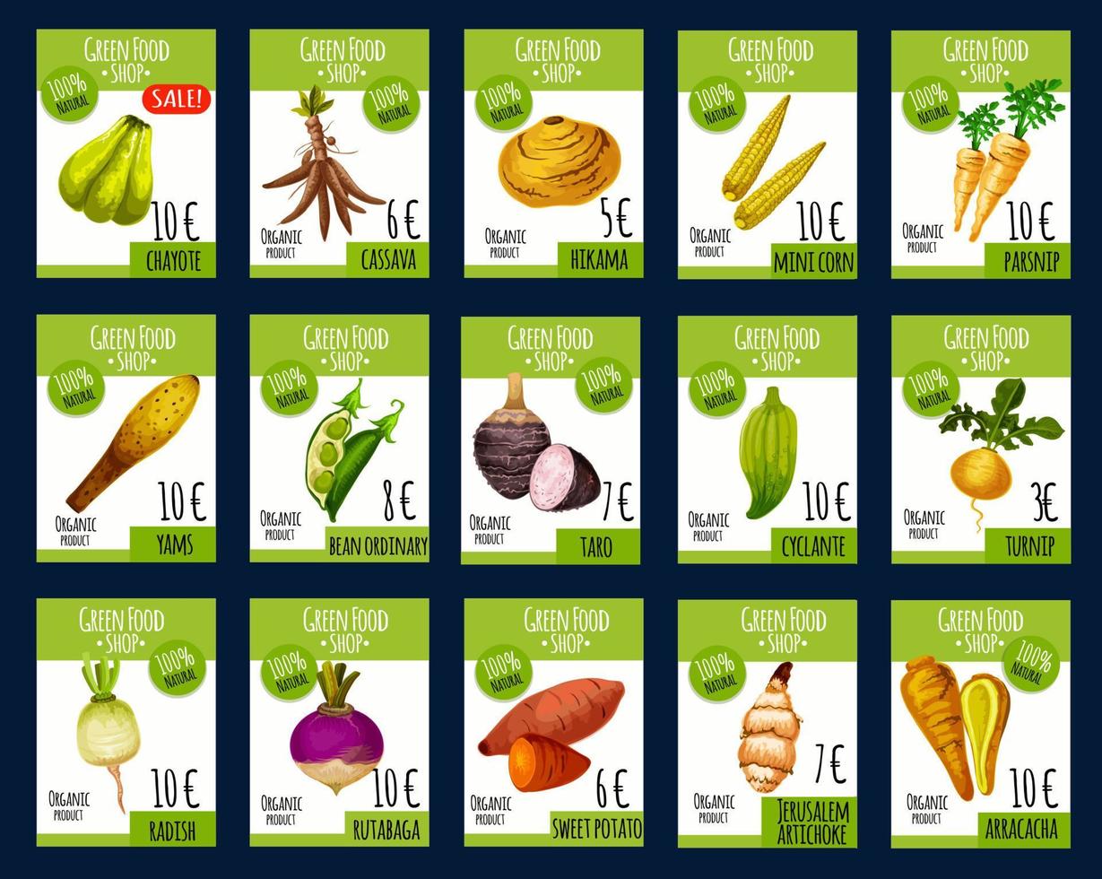 tarjetas de precios de mercado agrícola de vector de verduras exóticas