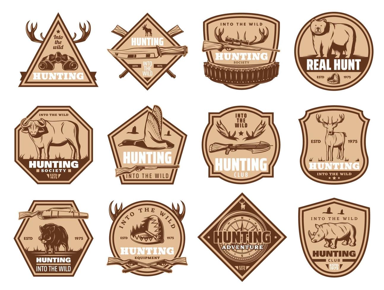 Wild animals vector icons and hunting equipment