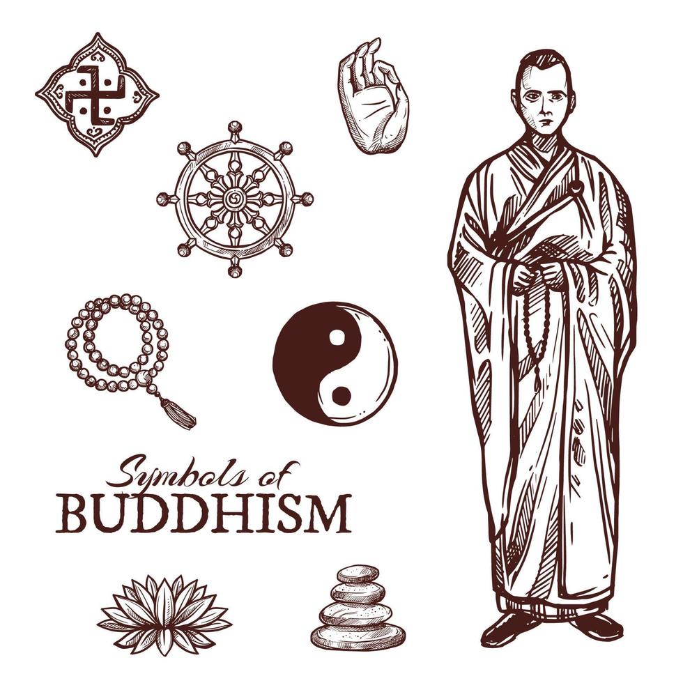 Buddhism religion symbols and vector sketch signs