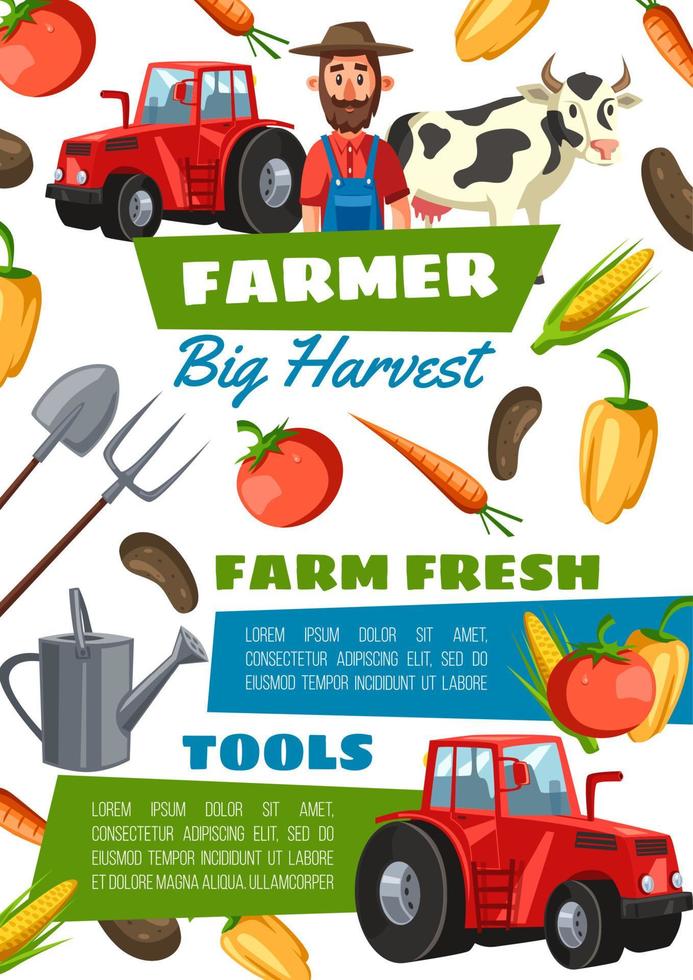 Happy farmer, equipment, vegetables and tractor vector