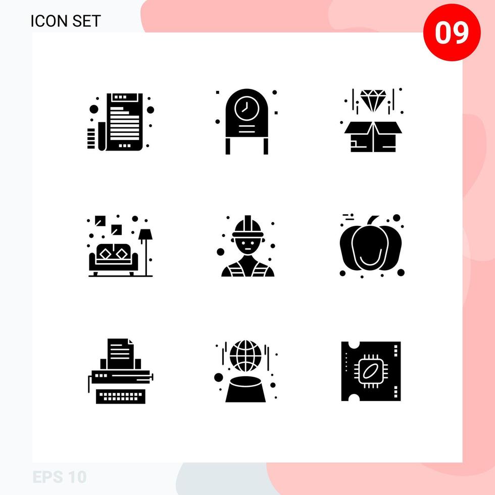 Set of 9 Vector Solid Glyphs on Grid for worker builder box sofa couch Editable Vector Design Elements