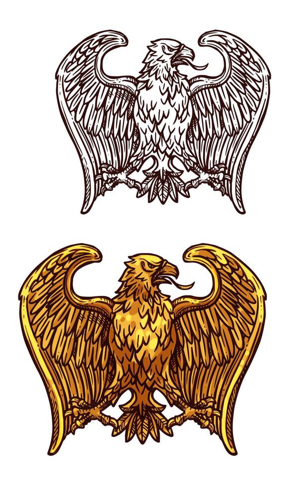 Heraldic gold eagle bird sketch vector