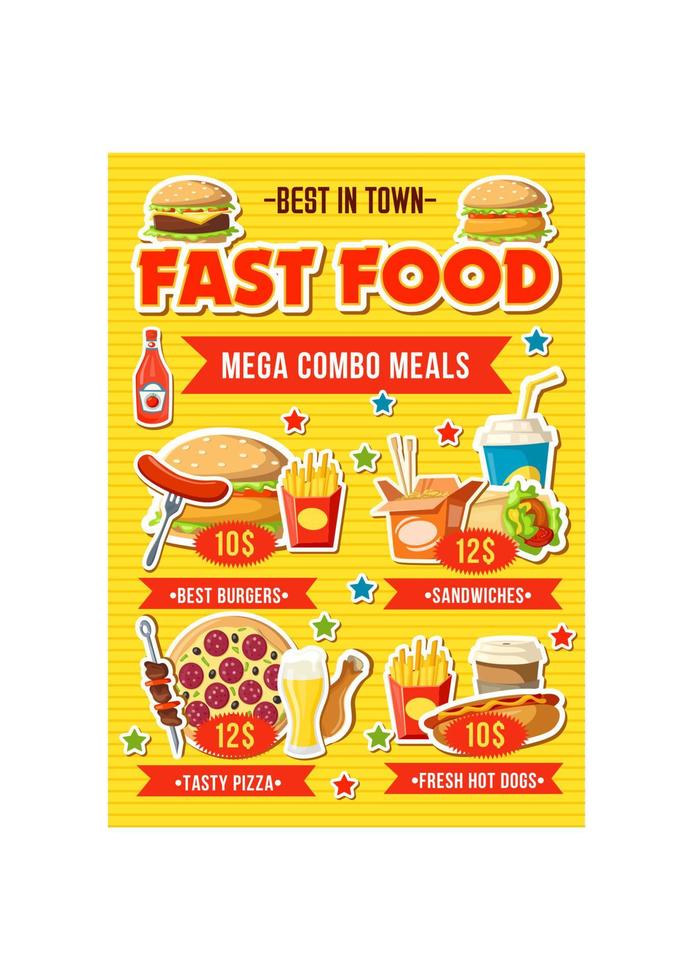 Fast food restaurant combo meal menu vector