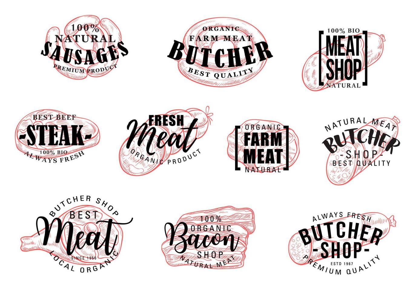 Sausage and meat lettering, butcher shop vector