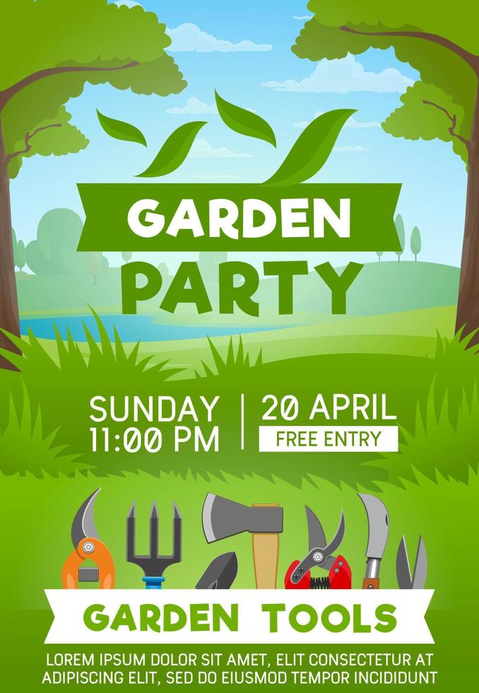 Gardening tools on green grass vector