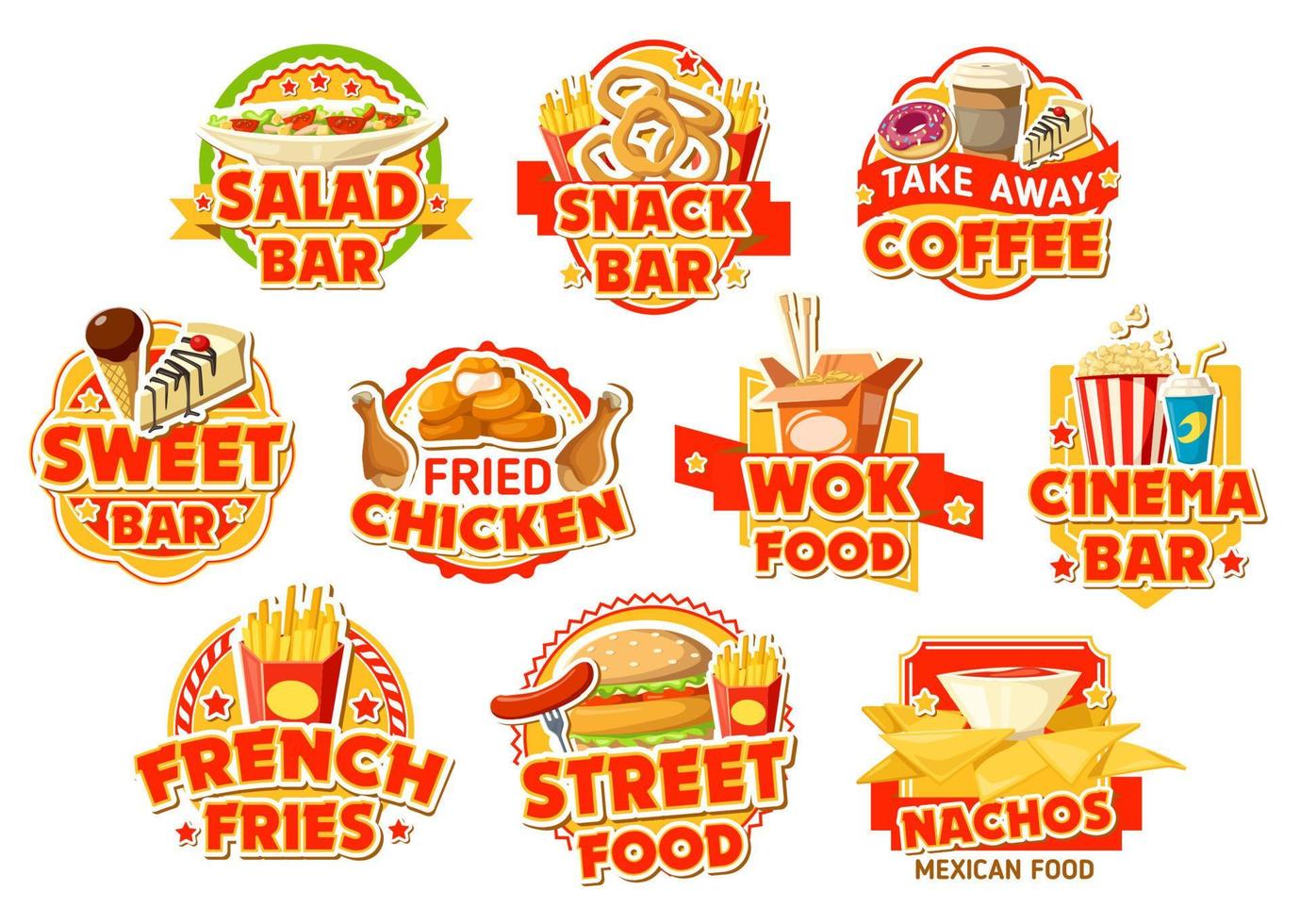 Fast food restaurant labels, burgers and drinks vector