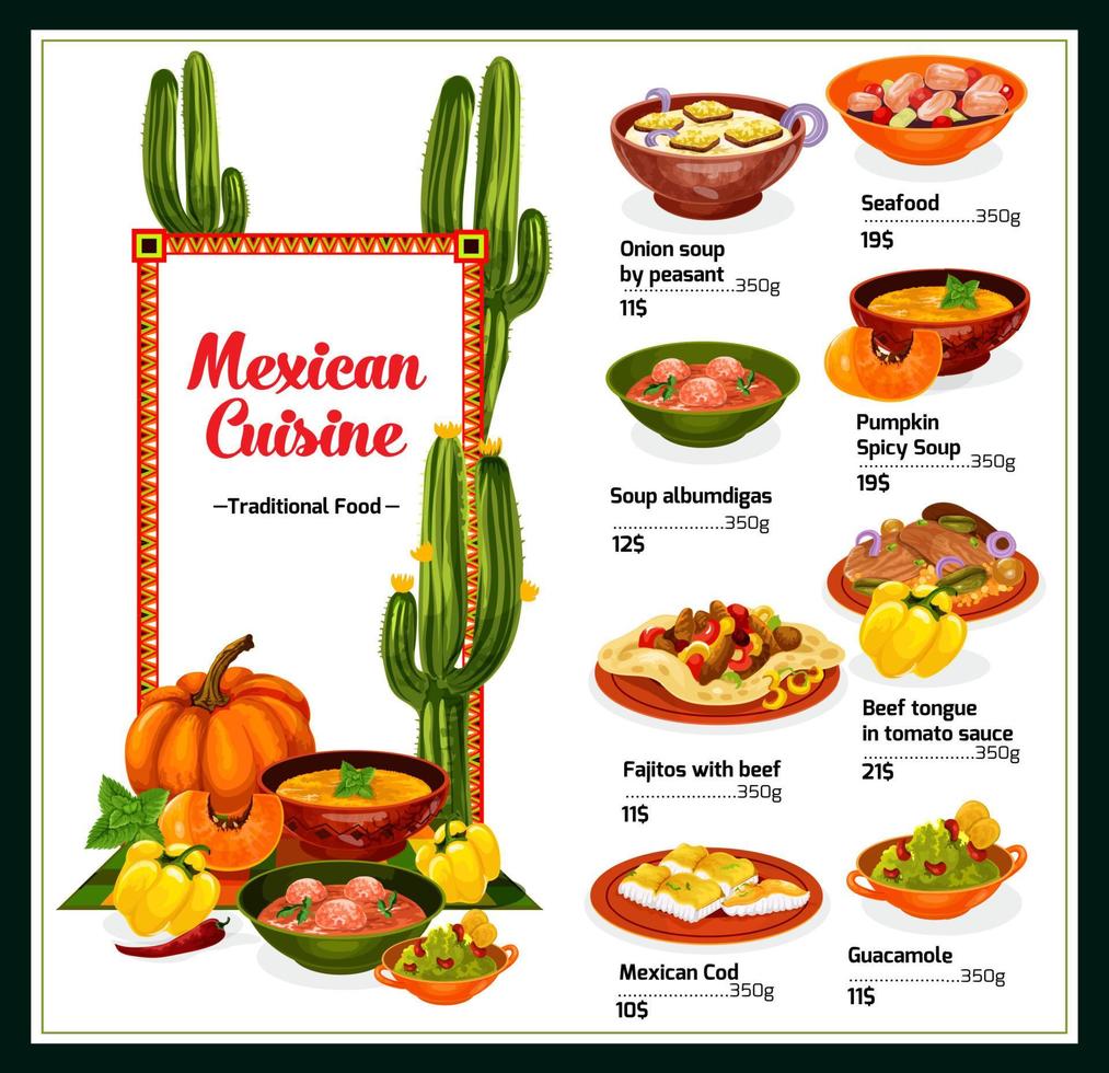Mexican cuisine menu with dishes of Mexico vector