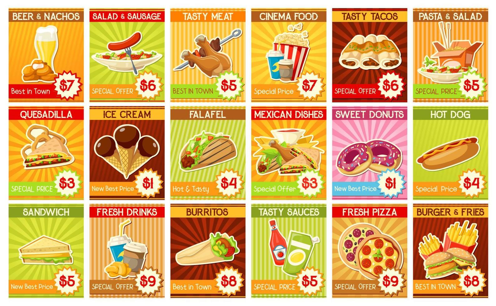 Fast food price tags with international dishes vector