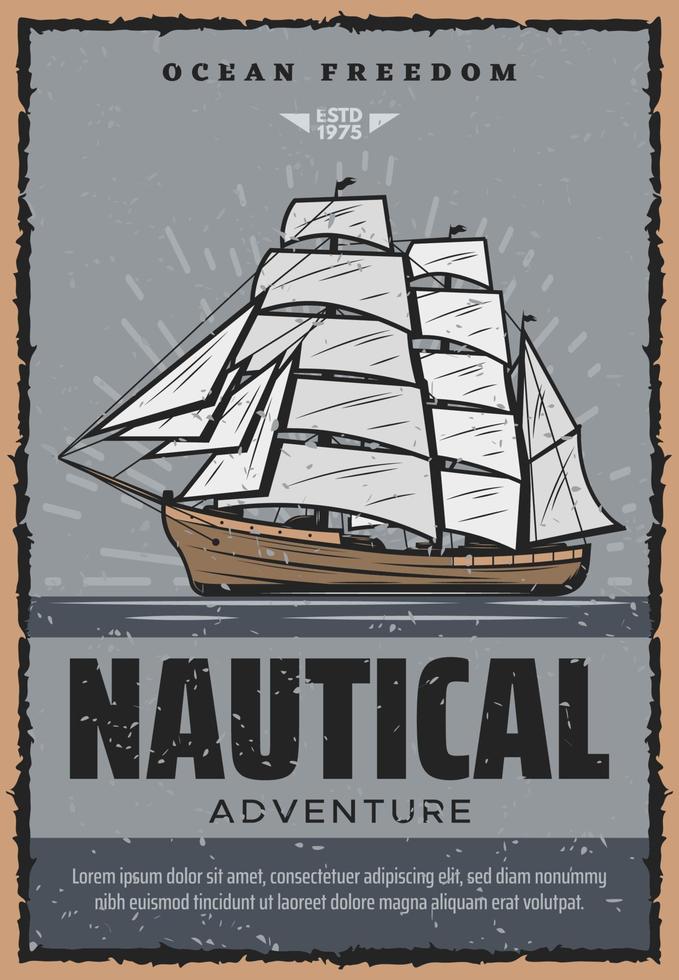 cartel retro de aventura náutica con barco de madera vector