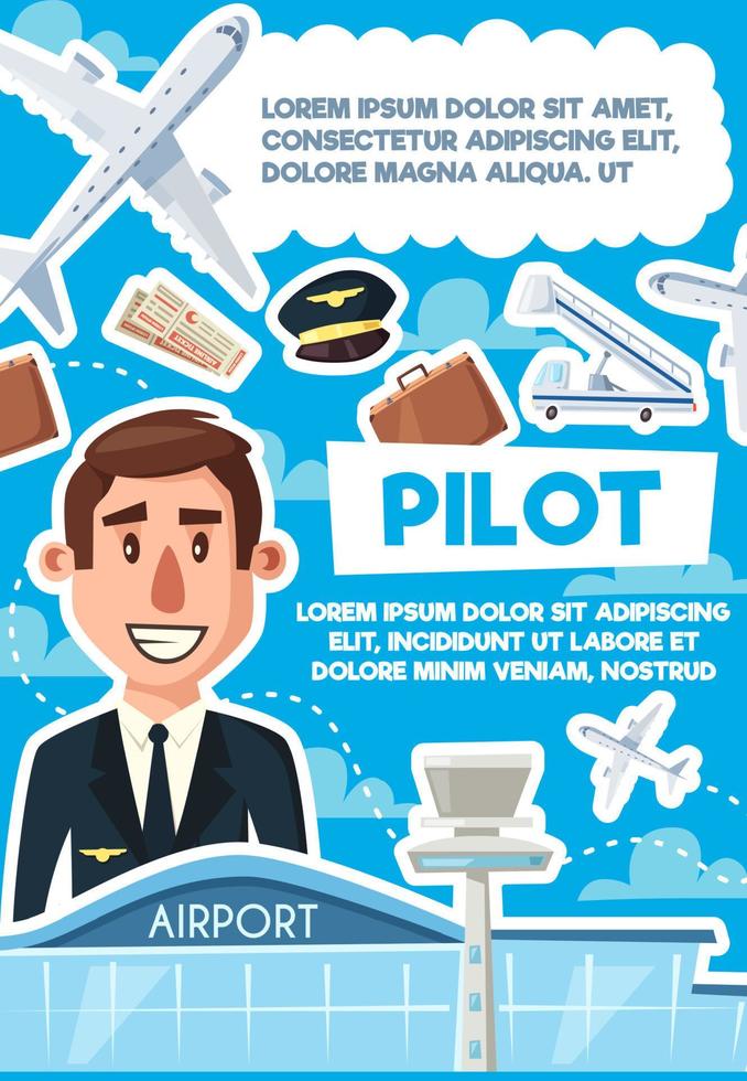 Pilot vacancy, skillful aviator recruitment poster vector
