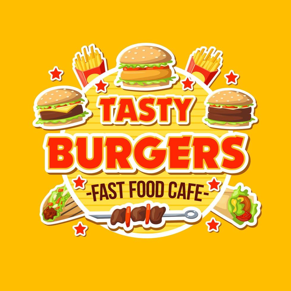 Tasty burger takeaway fast food cafe vector poster