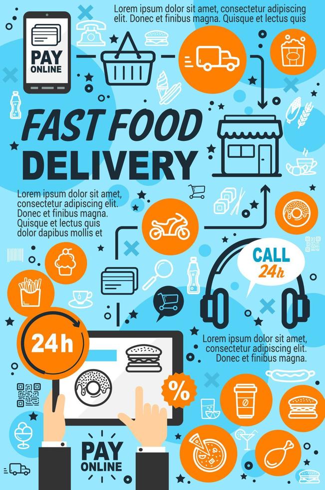 Fast food online delivery service icons and signs vector