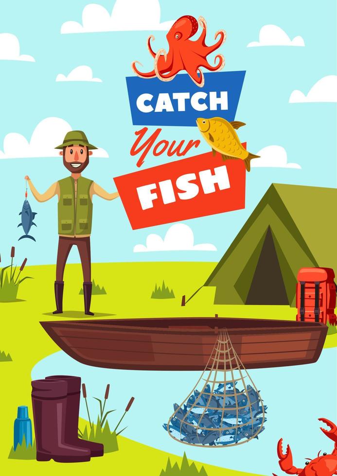 Atrapa el cartel de vector de pescado con pescador y barco.