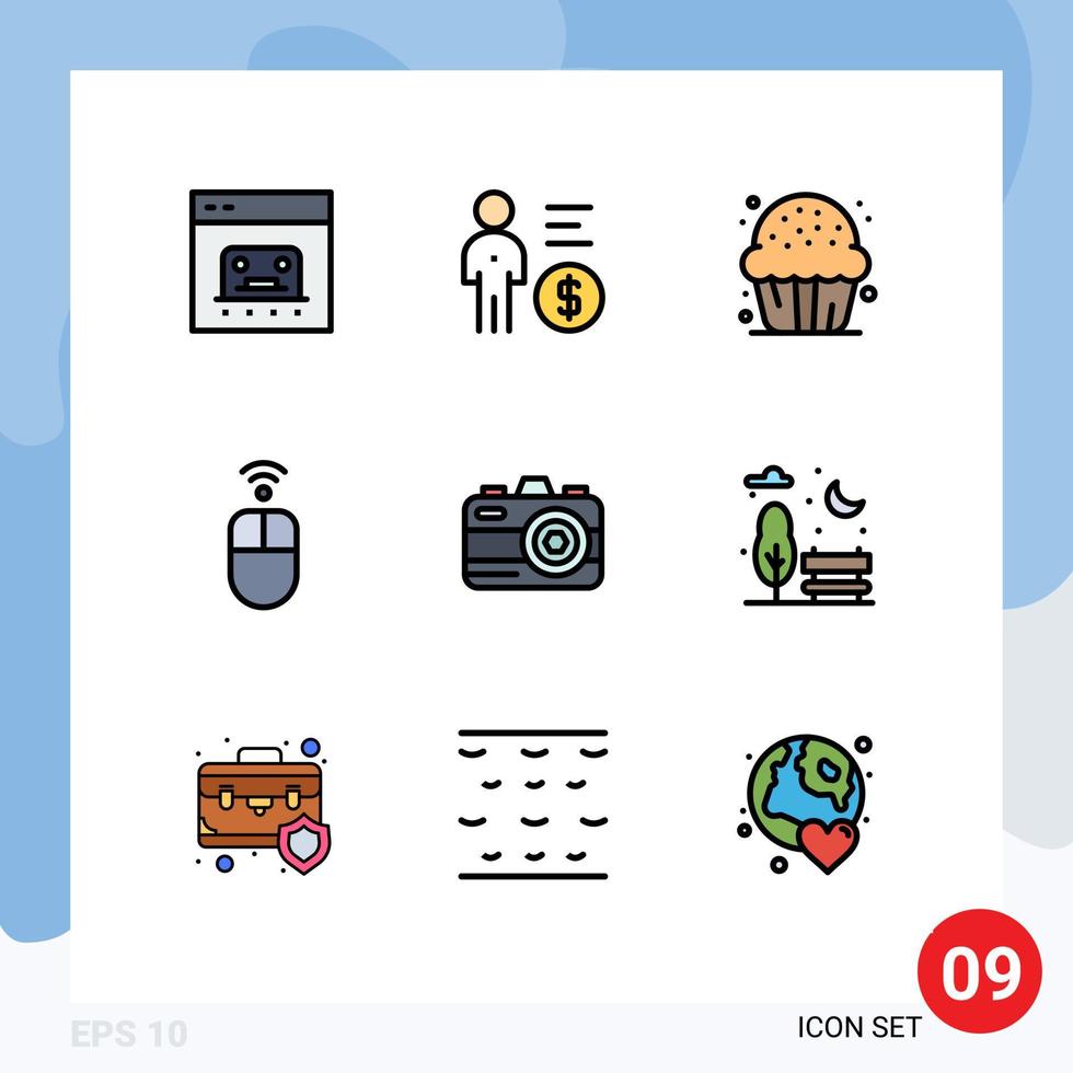 símbolos de iconos universales grupo de 9 colores planos modernos de línea rellena de ratón manzana dinero postre dulce elementos de diseño vectorial editables vector