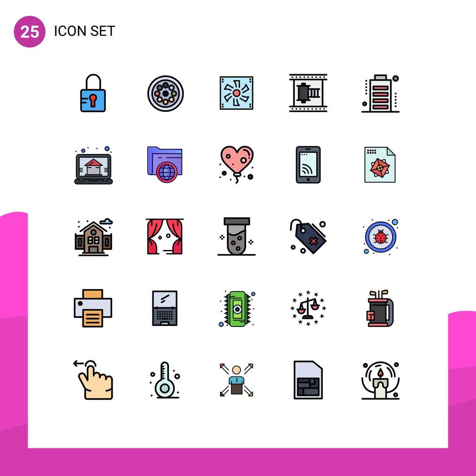 Modern Set of 25 Filled line Flat Colors and symbols such as battery movie reel compter filmstrip cinema Editable Vector Design Elements