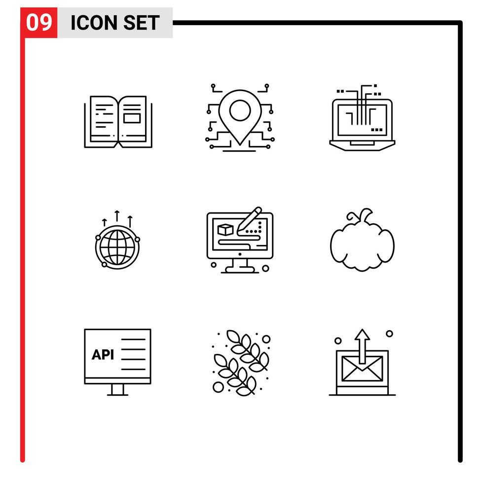 Modern Set of 9 Outlines Pictograph of world connection computer communication globe Editable Vector Design Elements