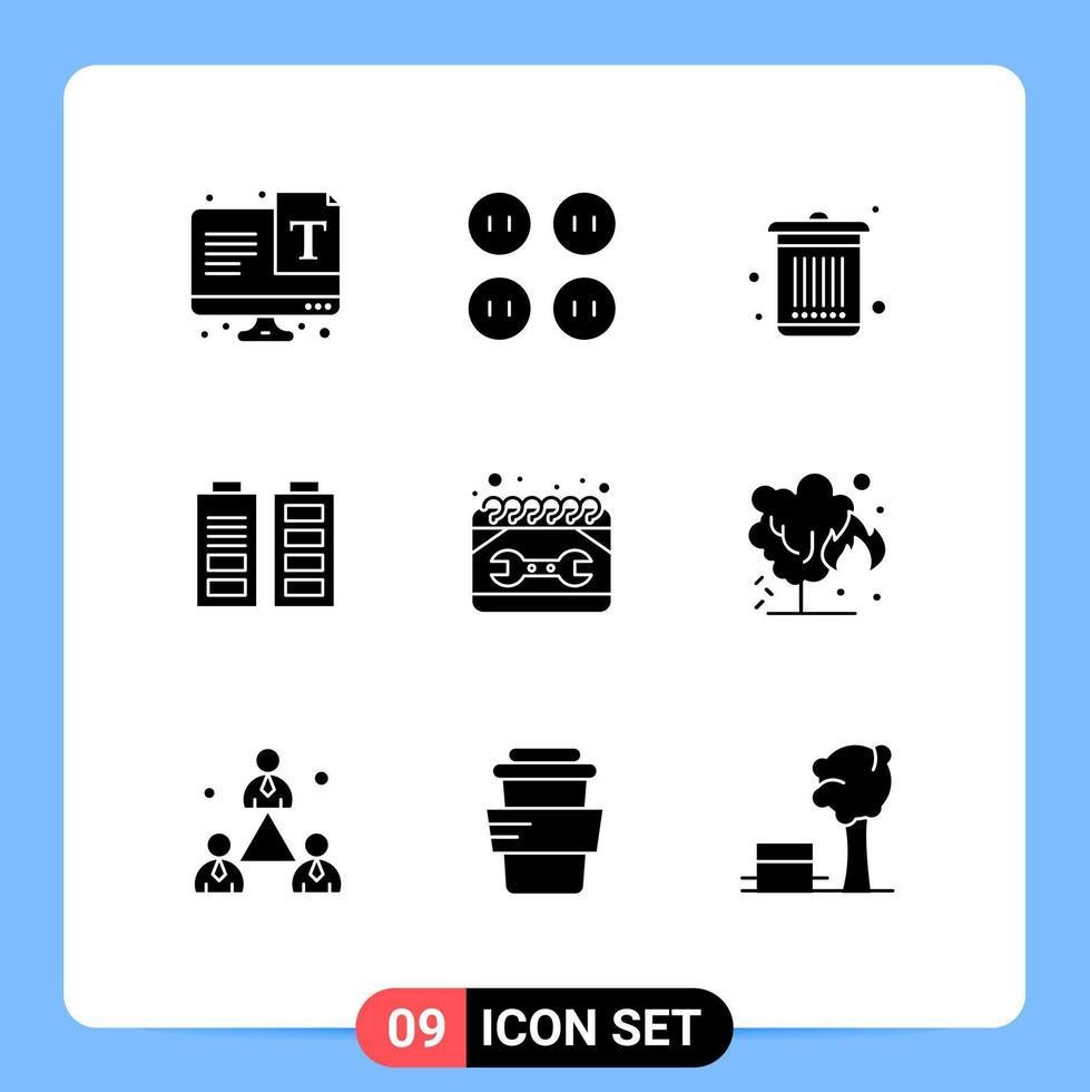grupo de 9 signos y símbolos de glifos sólidos para elementos de diseño de vectores editables de batería completa del cubo de basura del calendario de mantenimiento