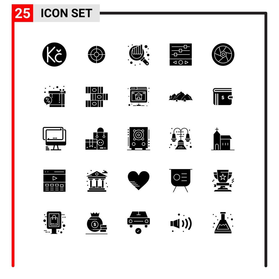 Pictogram Set of 25 Simple Solid Glyphs of tap cinema chart sound waves music levels Editable Vector Design Elements
