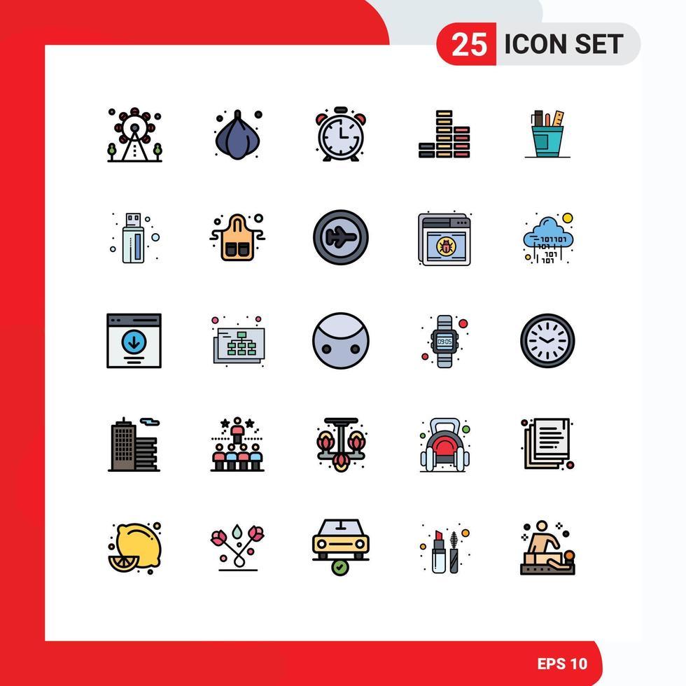 Mobile Interface Filled line Flat Color Set of 25 Pictograms of organizer desk clock pen player Editable Vector Design Elements