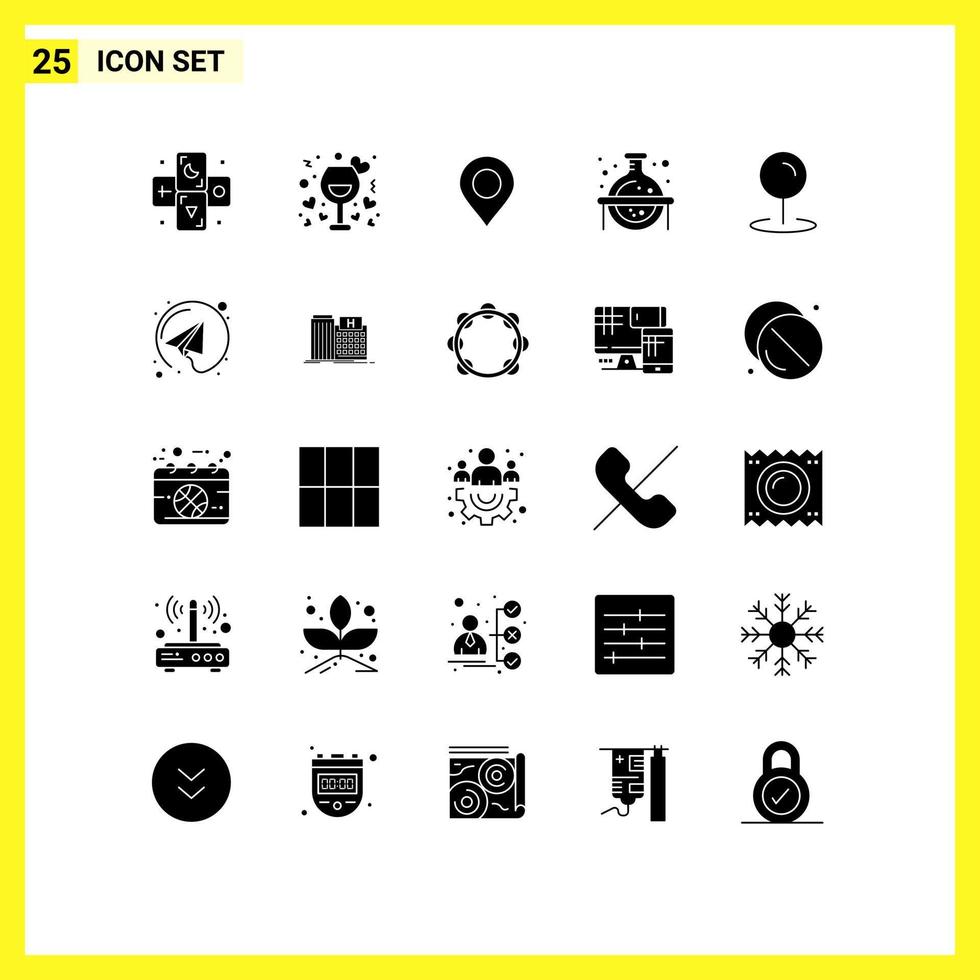 25 User Interface Solid Glyph Pack of modern Signs and Symbols of location science wine flask world Editable Vector Design Elements