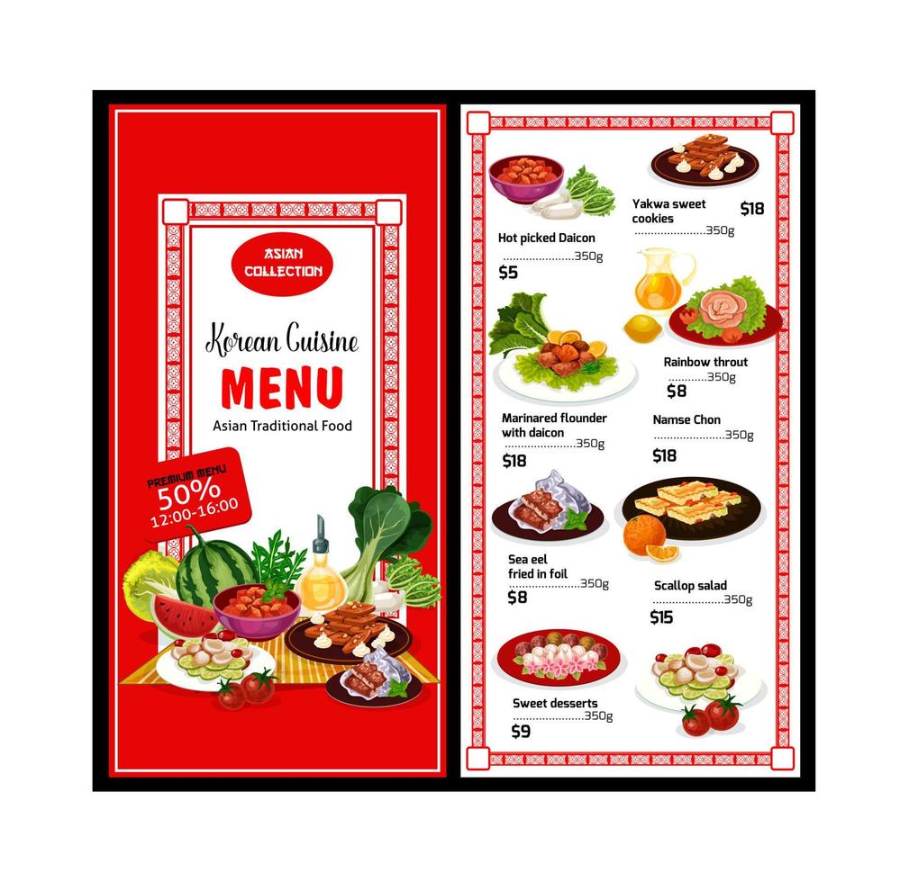 menú y precios de la cocina coreana, cartel de comida asiática vector