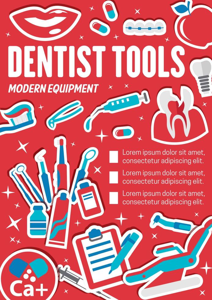 dentista o pancarta de herramientas dentales, clínica de odontología vector