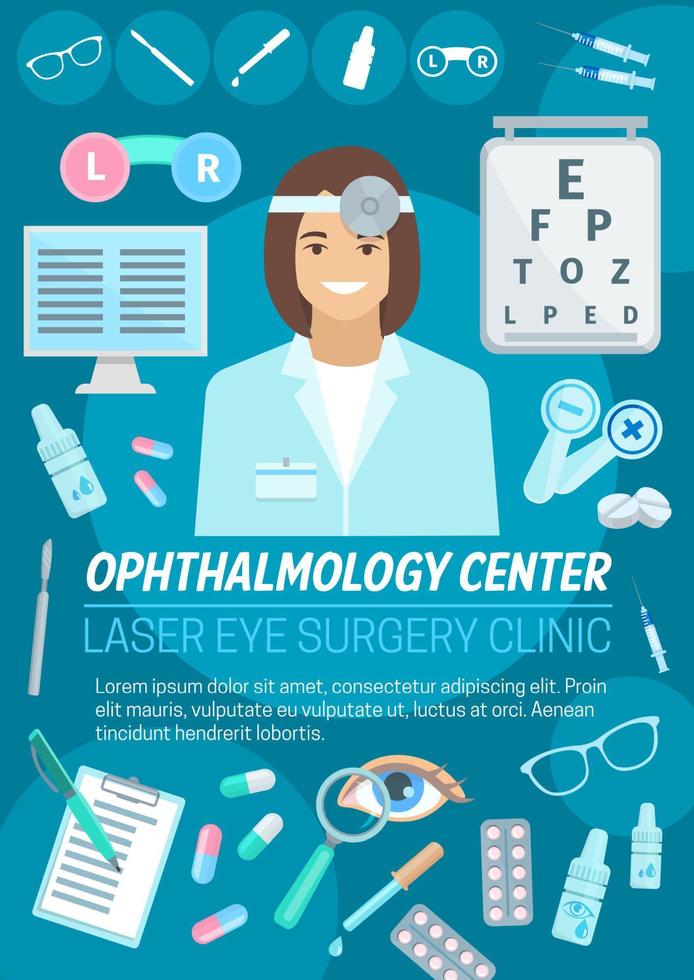 Ophthalmologist with eye, lens and glasses vector