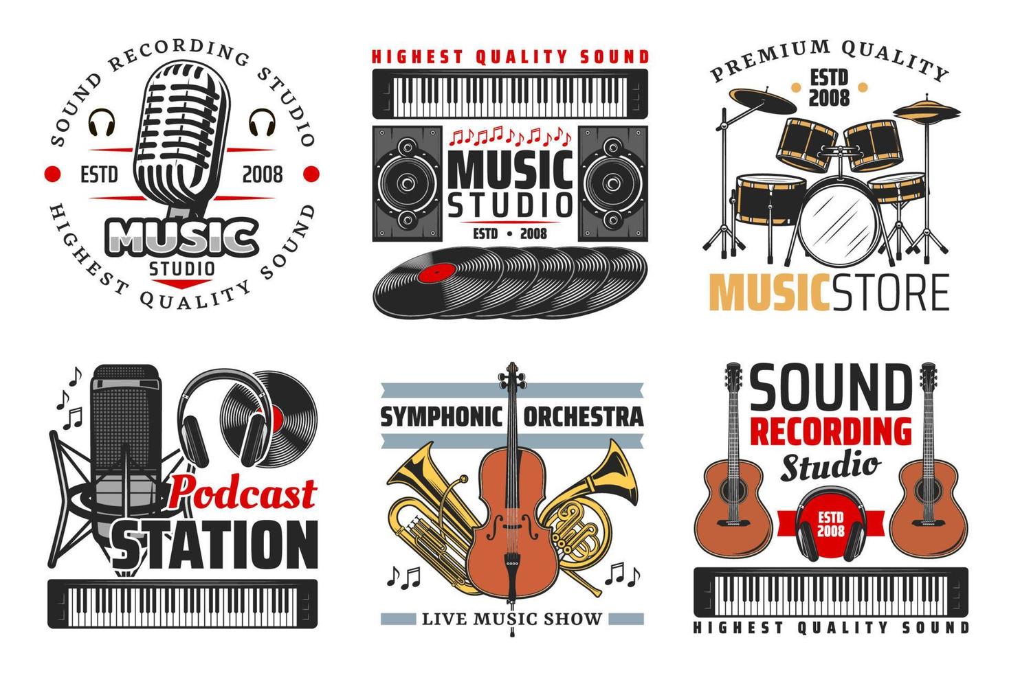 Sound record studio, music and radio icons vector